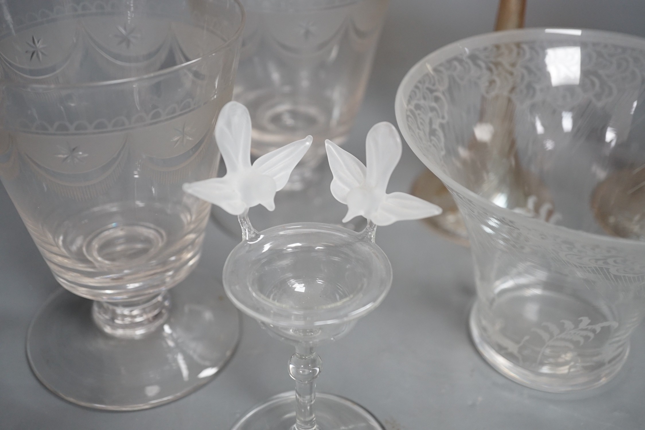 Two Venetian lustre glass goblets, a pair of rummers and sundry glassware, goblets 20cm high